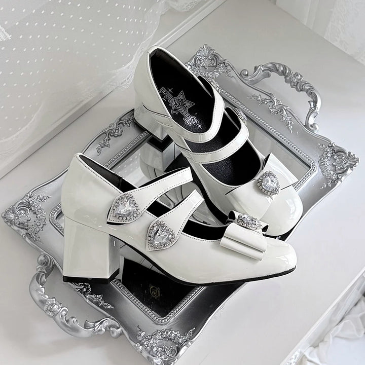 Jirai Kei Square Toe Chunky Heels, Heart rhinestone Details (35 36 37 38 39 40 41 42) 45840:867427