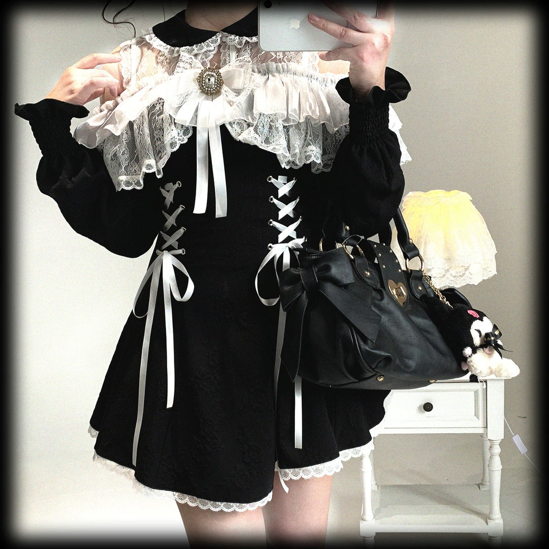 Jirai Kei Open-Shoulder Dress, Bust Lace Flounce Hem 44468:809931