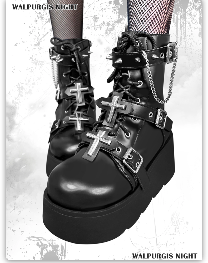 Punk Black Platform Shoes Cross And Rivet Martin Boots 32082:447190 32082:447190