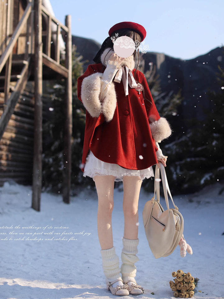 Christmas Woolen Blend Red Cloak, Beige Blouse 44037:793464