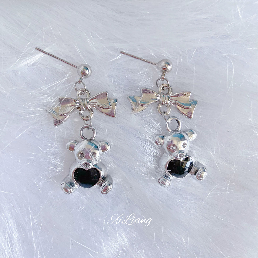 Jirai Kei Earrings Handcrafted Bear Silver Ear Studs 35288:492630 35288:492630