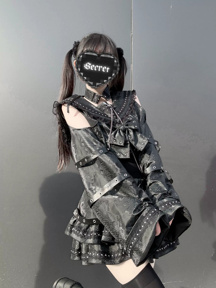 Subculture Black Top & Skirt Set, Snakeskin-Like Style 44771:827685