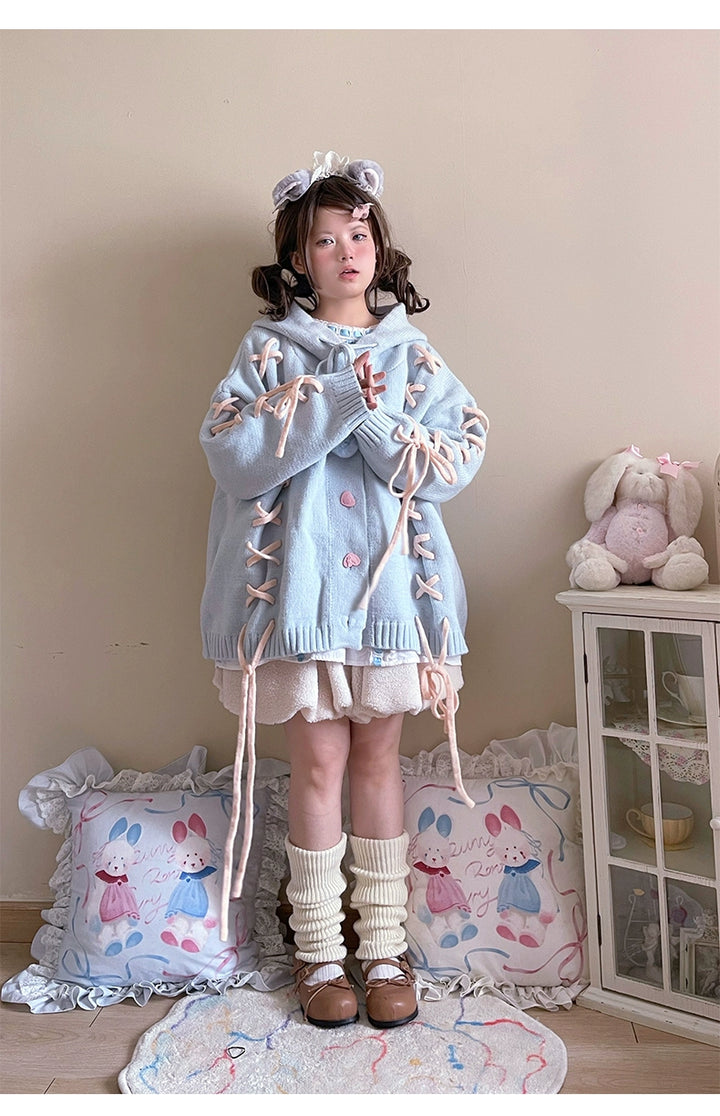 Kawaii White Pink Blue Cardigan Bunny Ears Sweater Coat 22658:345286 22658:345286