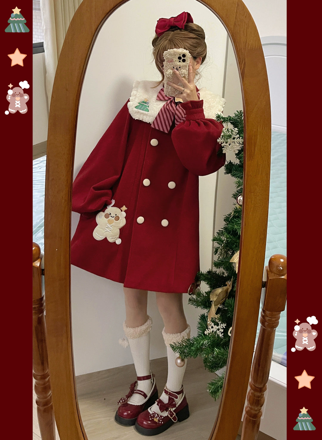 Wine Red Woolen Coat Christmas A-Line Jacket 22662:338262 22662:338262