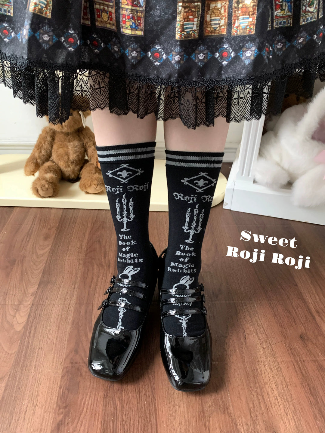 Lolita Cotton Mid-Calf Socks, Candle, Bunny & Key Patterns (Black) 44714:822226