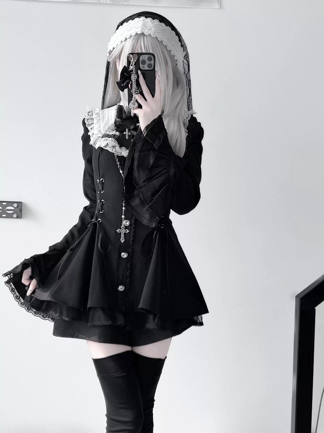 Jirai Kei Flared Sleeve Dress Set, Cross Accents (L M S) 44369:807258