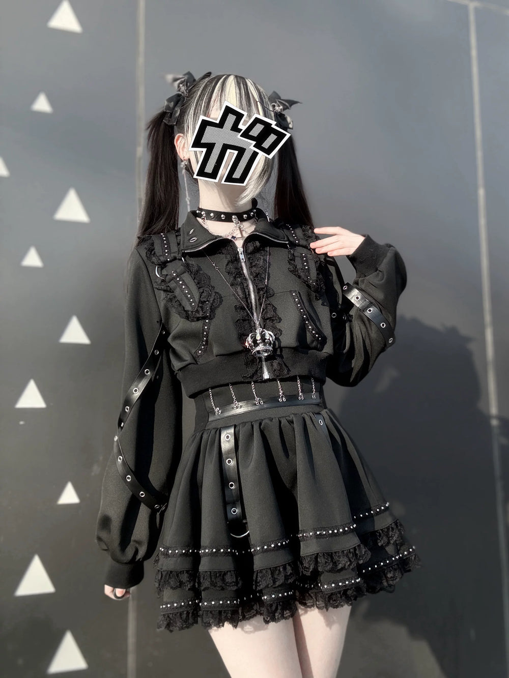 Punk Jacket and Skirt, Cross Zipper and Studs 45649:858257