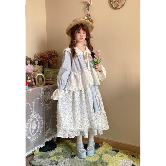 Mori Kei Skirt Patchwork Floral Skirt High Waist Cotton Skirt 36558:531124