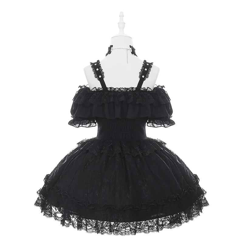 Black Jirai Kei Open Shoulder Dress, Rhinestone Strap 44950:832348