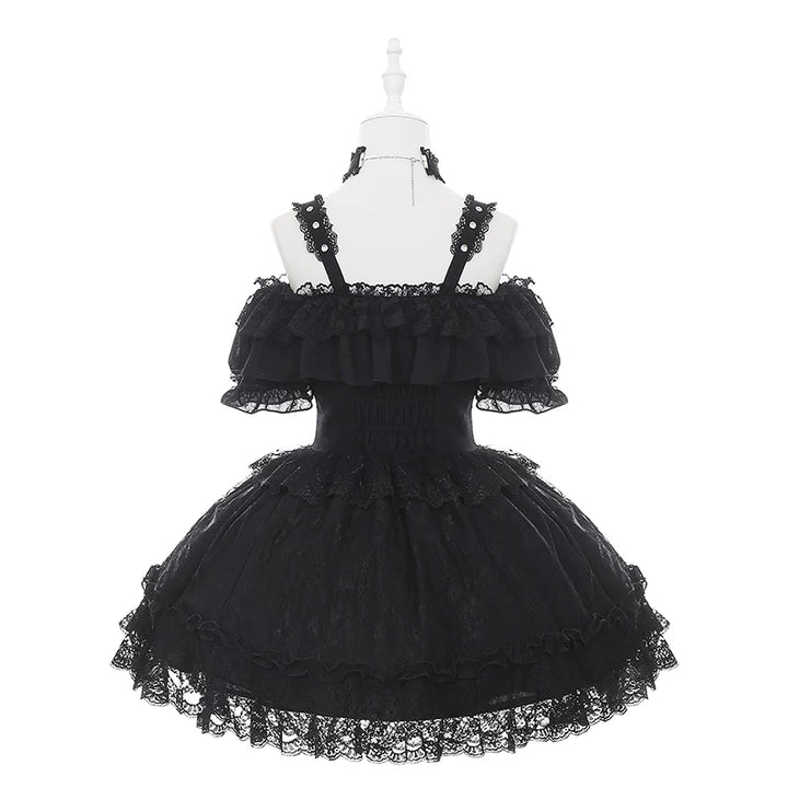 Black Jirai Kei Open Shoulder Dress, Rhinestone Strap 44950:832348