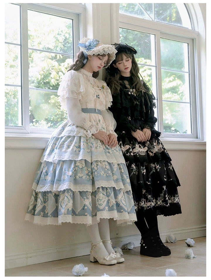 Classic Lolita Dress Twins Cottagecore Embroidery Tiered Dress 39470:641078