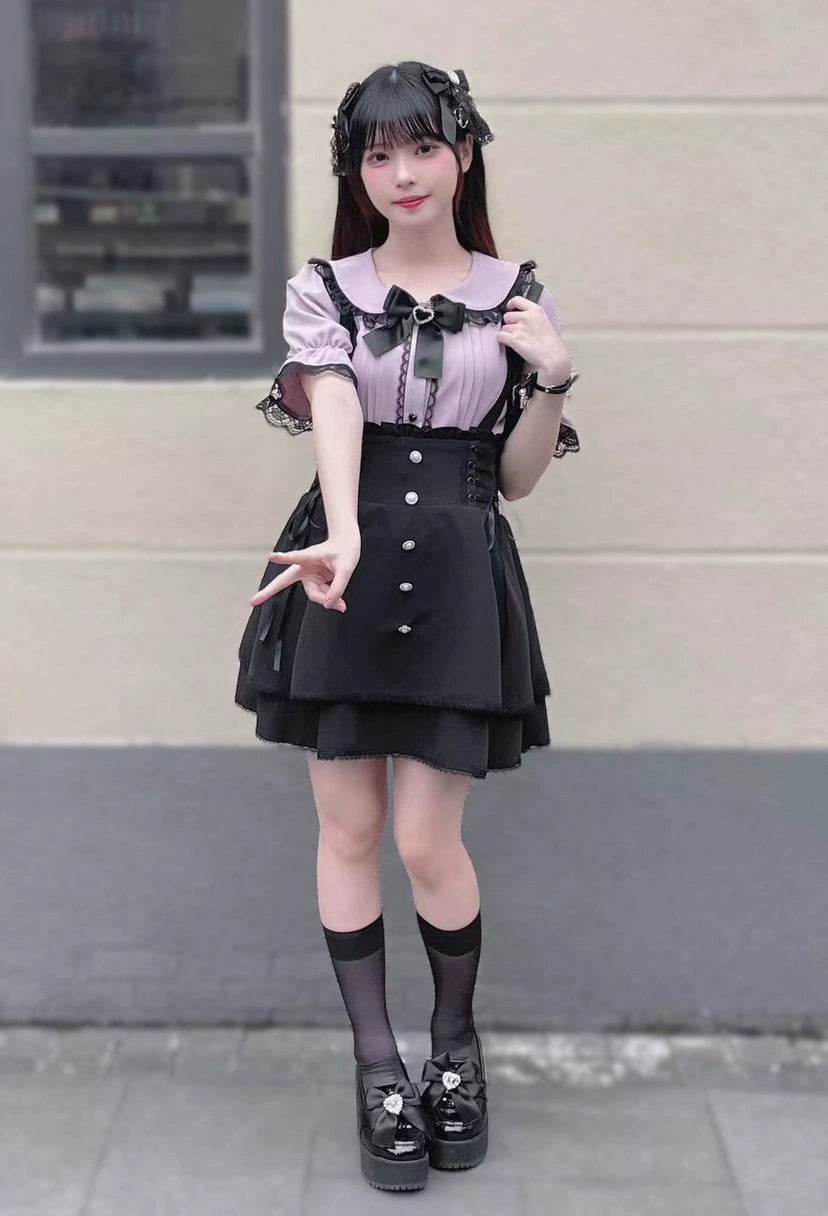 Jirai Kei Pearl Lace Up Butterfly Bow Black Skirt 21738:311044