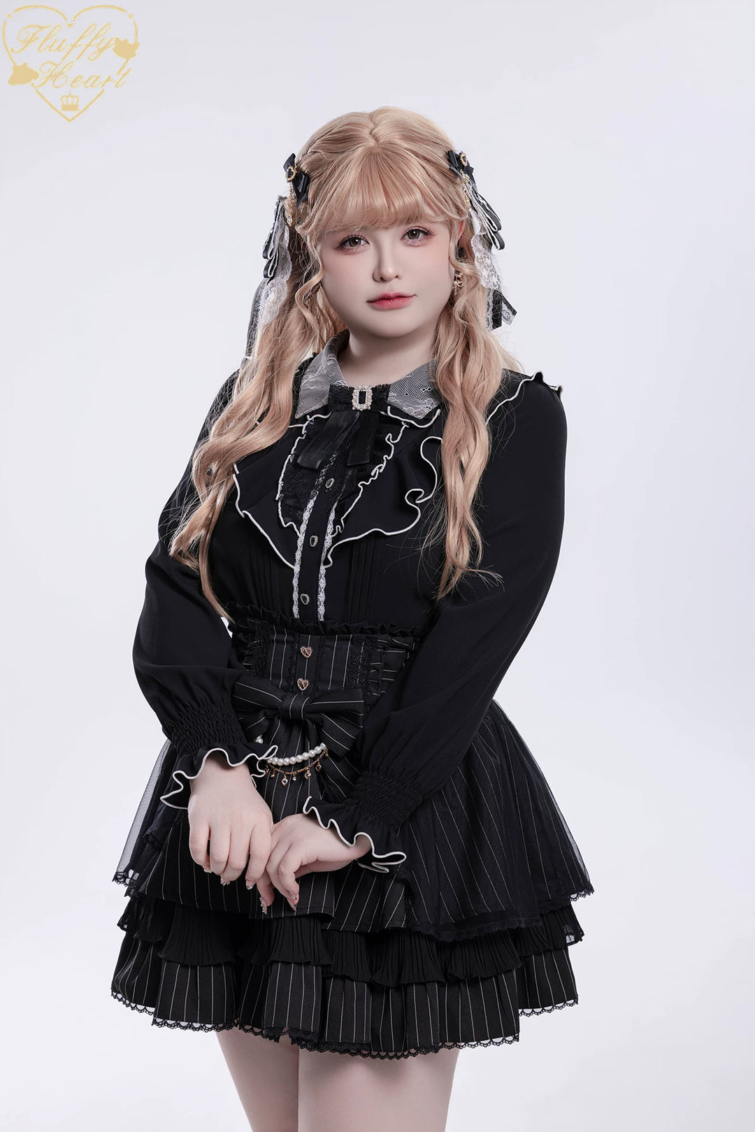 Jirai Kei Long-Sleeved Shirt, Ruffled Collar 45128:835591