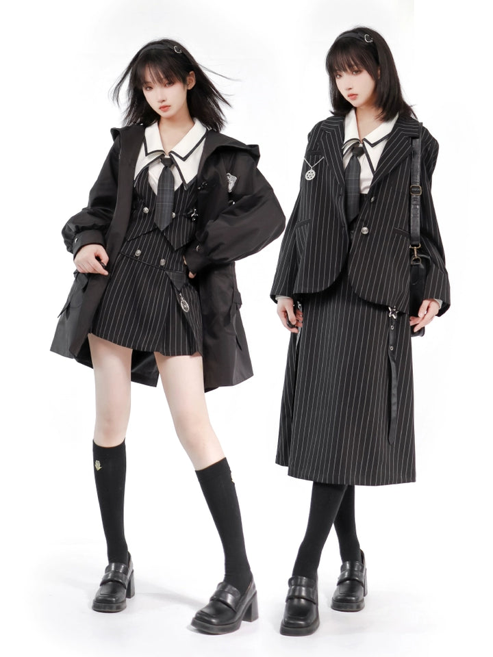 Black Striped Blazer Skirt with White Shirt Set 29366:355420 29366:355420