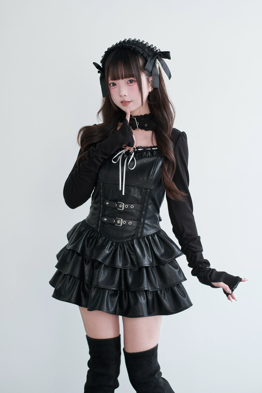 Jirai Kei Strappy Mini Dress, Tiered Ruffles 44328:805463