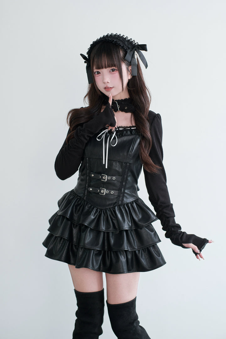 Jirai Kei Strappy Mini Dress, Tiered Ruffles 44328:805463