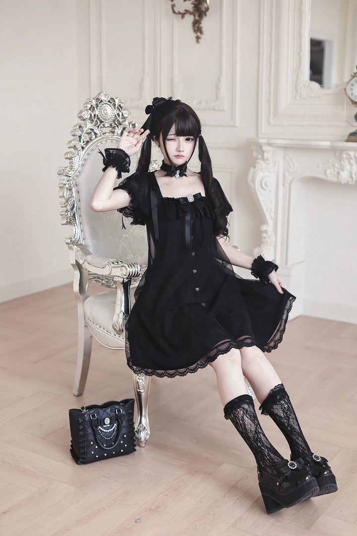 Jirai Kei Tulle Overlay Dress, Square Neckline 45558:855513