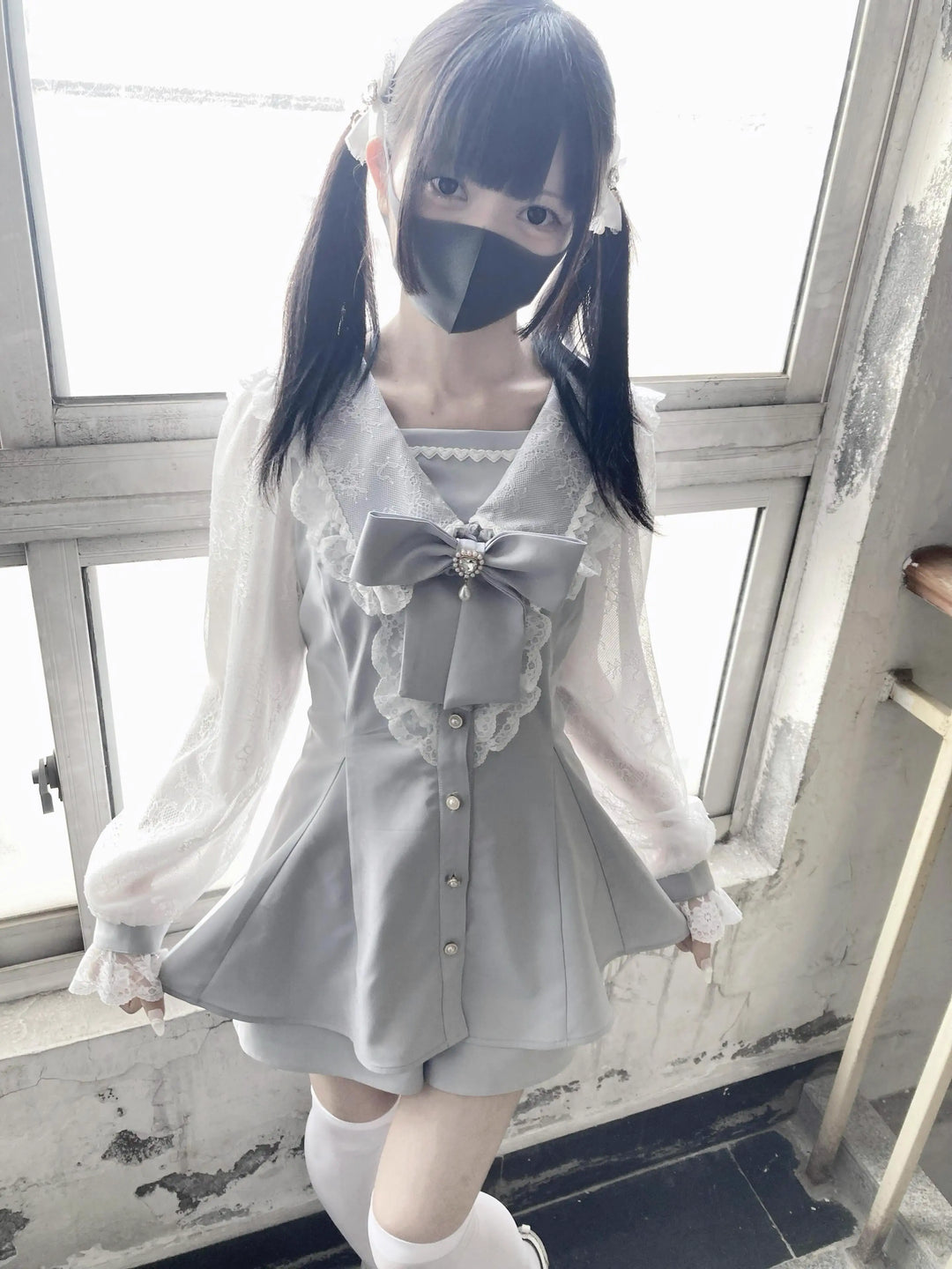 Jirai Kei Set Up Lace Sailor Collar Dress Gray Blue Dress 37638:566960 37638:566960