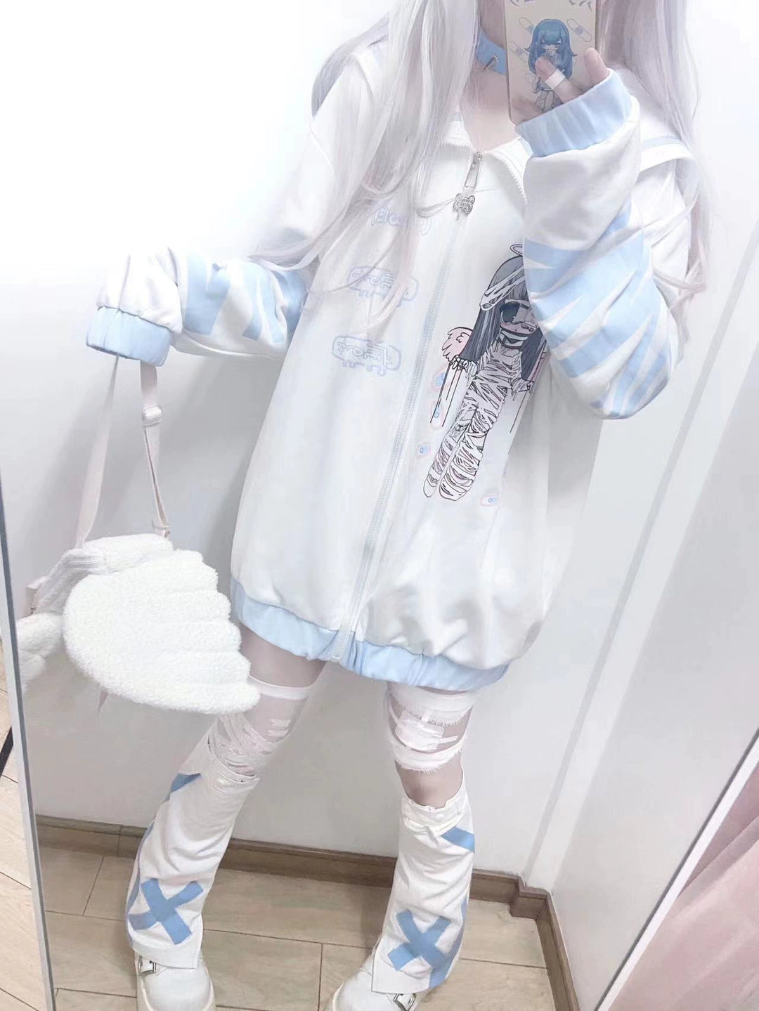 Jirai Kei Blue Black White Thin Hoodie 29268:363234 29268:363234