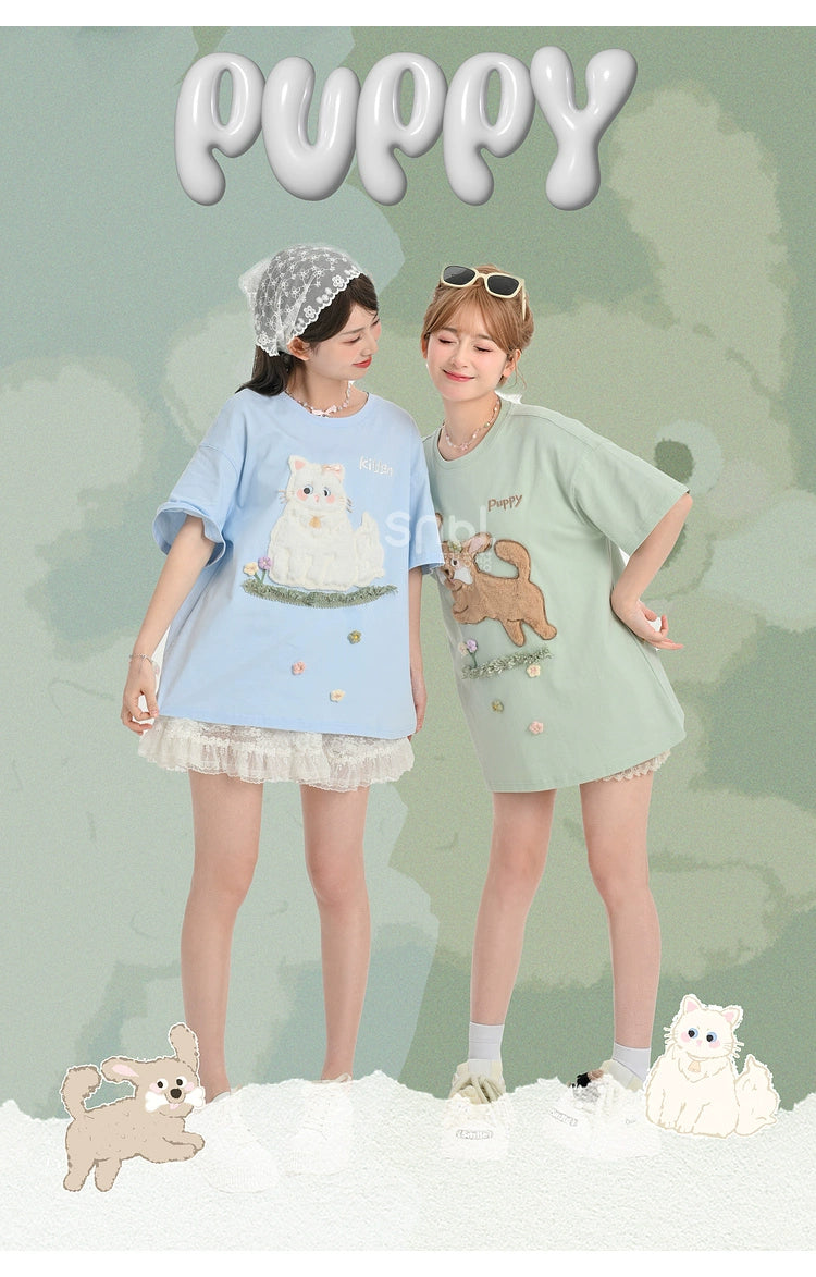 Kawaii T-shirt Short Sleeves Cotton Top Patch Embroidery 35896:559548