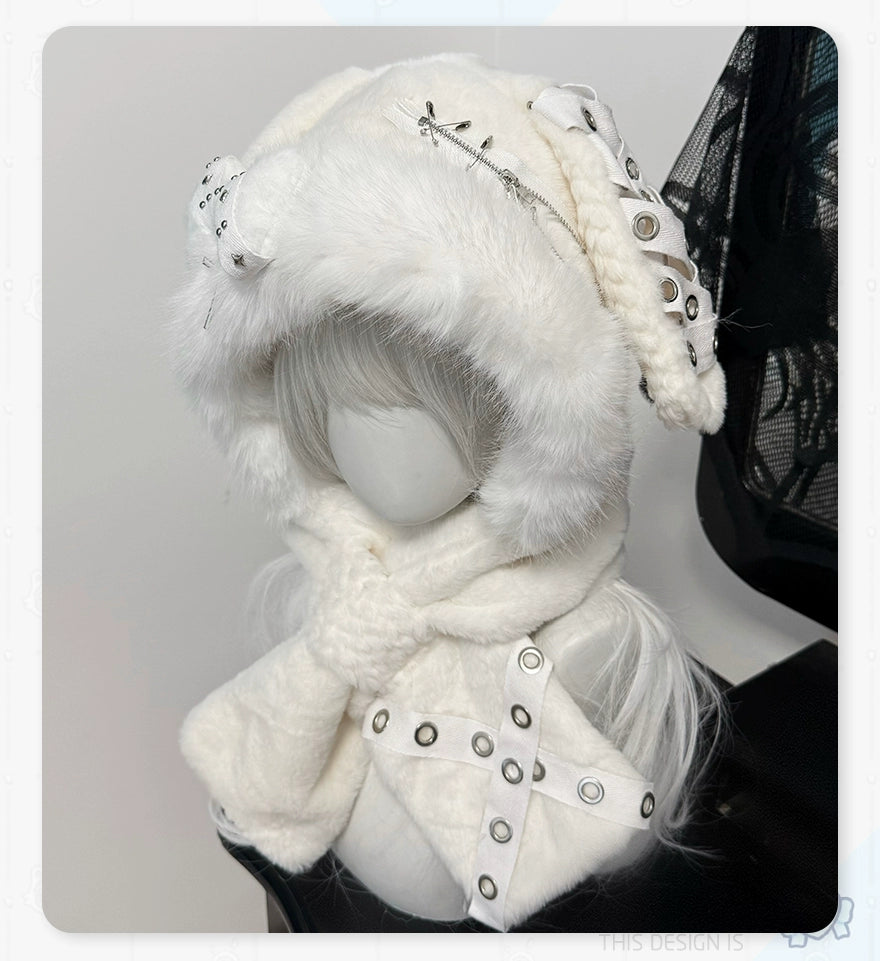 Punk Hat Y2K Plush Hat White Bunny Ear Hat 41874:722952