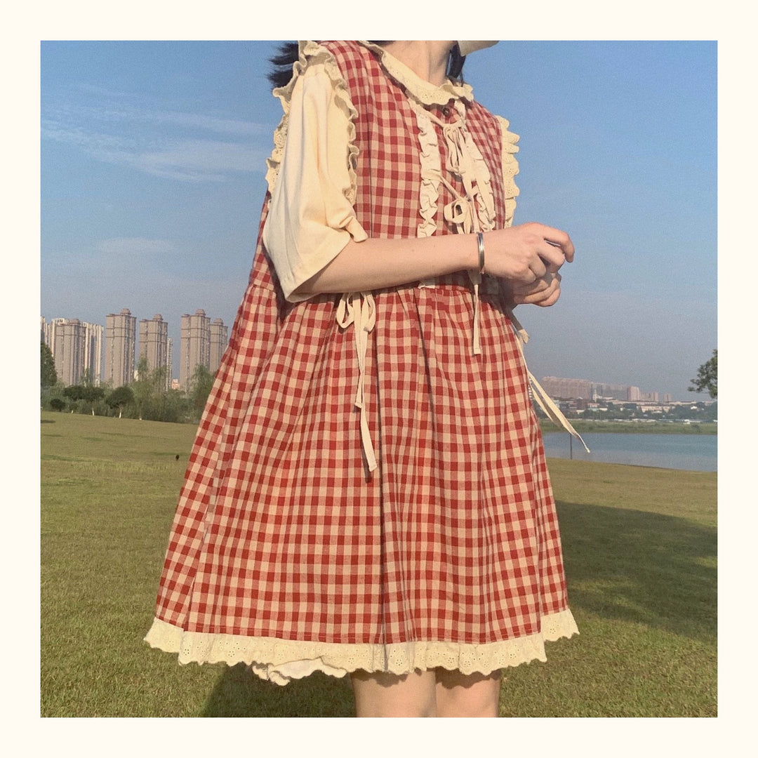 Kawaii Dress Mori Kei Dress Plaid Vest Dress Cotton Linen Dress 36450:523368 36450:523368