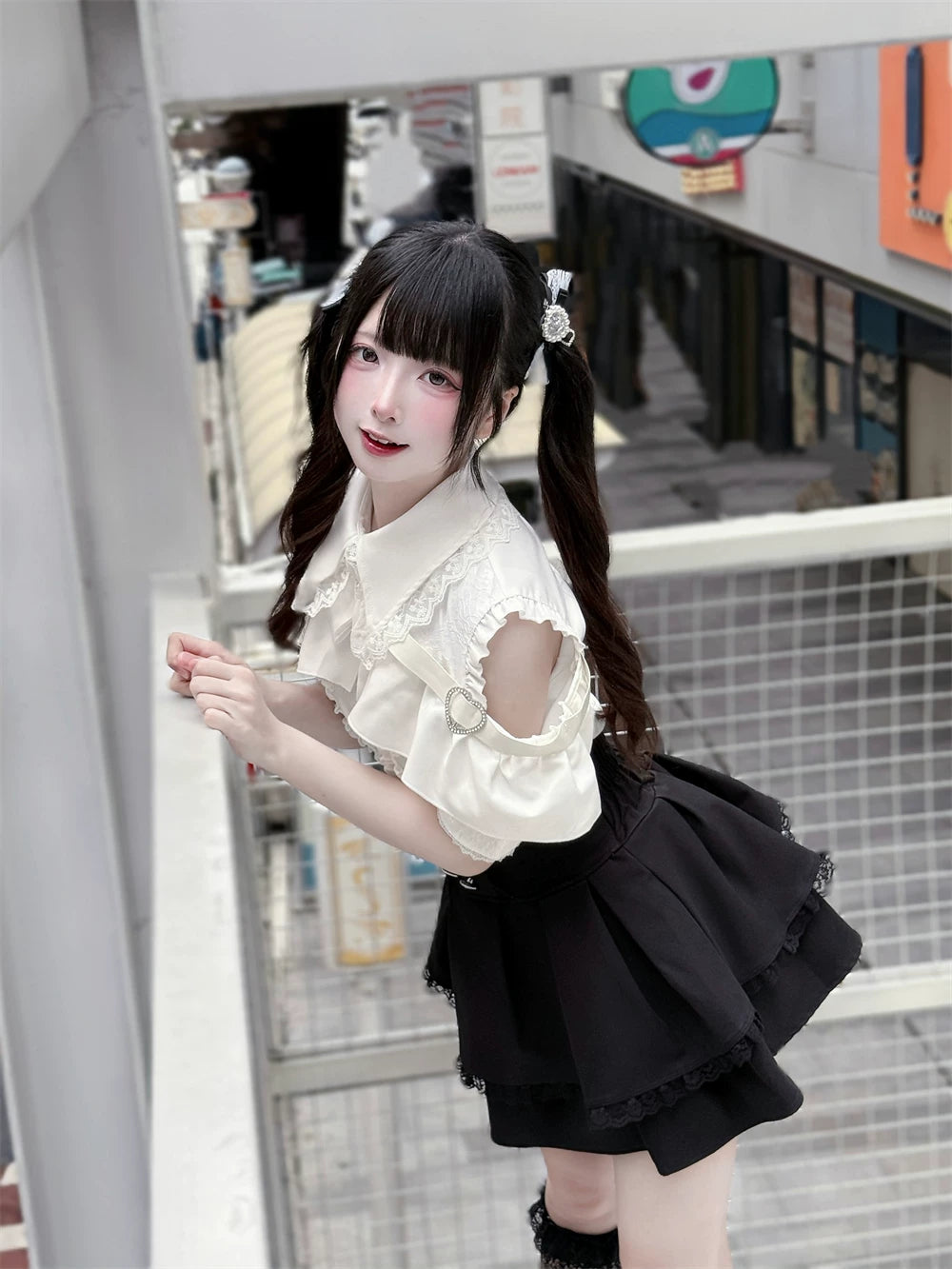 Jirai Kei High-Waist Skirt, Double Layered Lace Hem 45425:848580