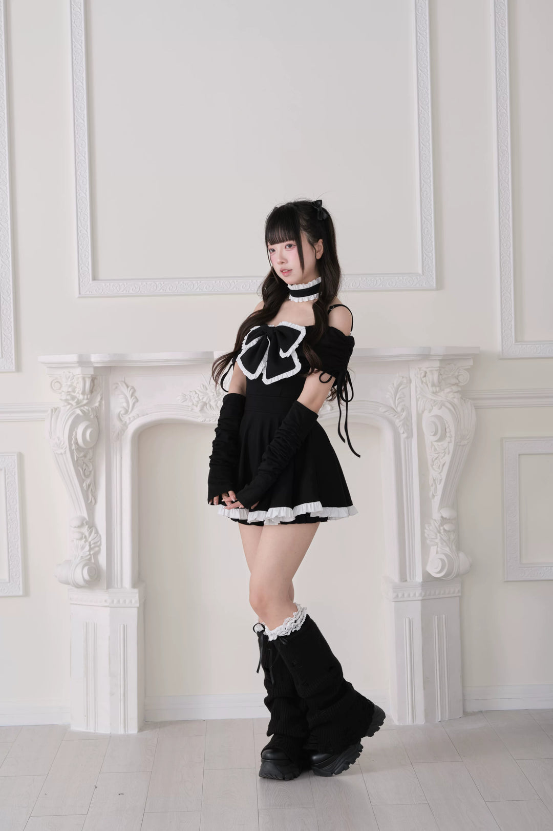 Jirai Kei Dress Set, Off-Shoulder Dress, Ruffled Choker 44943:830408