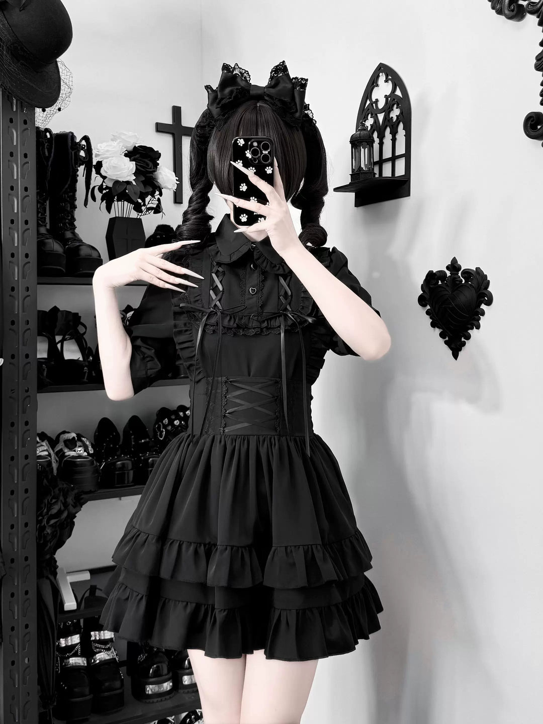 Black Jirai Kei Blouse & High Waist Skirt Set 45796:864028