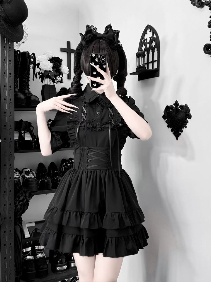 Black Jirai Kei Blouse & High Waist Skirt Set 45796:864028