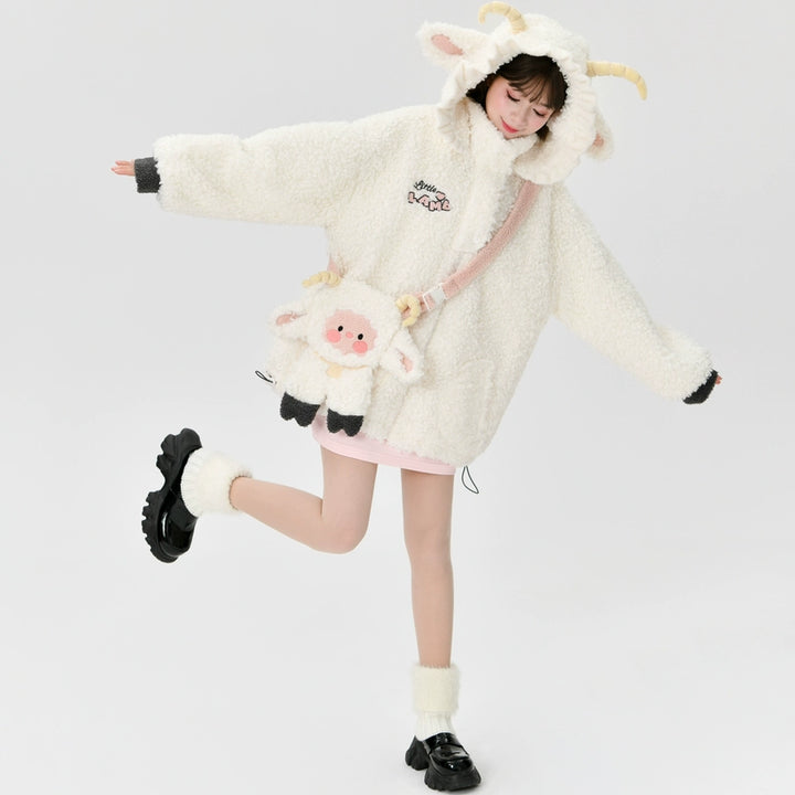 Mori Kei White Winter Jacket Little Sheep Fleece Coat 22696:328474 22696:328474