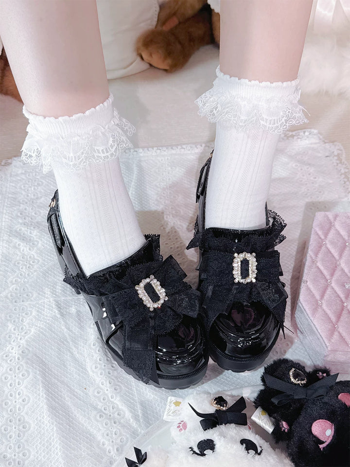 Jirai Kei Slip-On Chunky Heeled Shoes, Pearl Decorated Bow 45867:867776