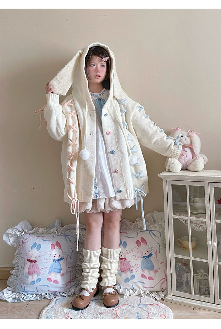 Kawaii White Pink Blue Cardigan Bunny Ears Sweater Coat 22658:345318 22658:345318