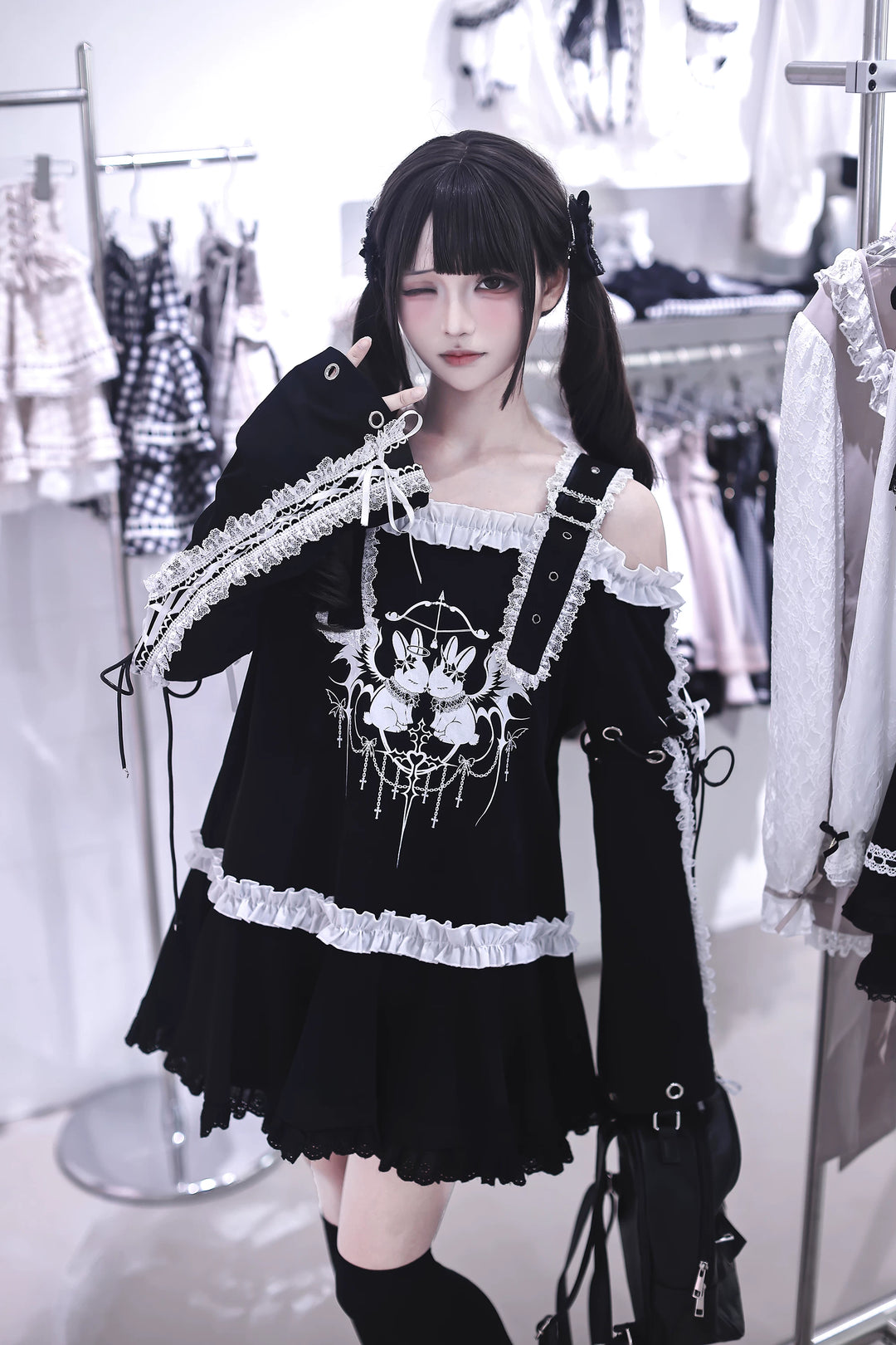 Punk Bunny Print T-shirt Dress, Adjustable Shoulder Straps 45836:865244