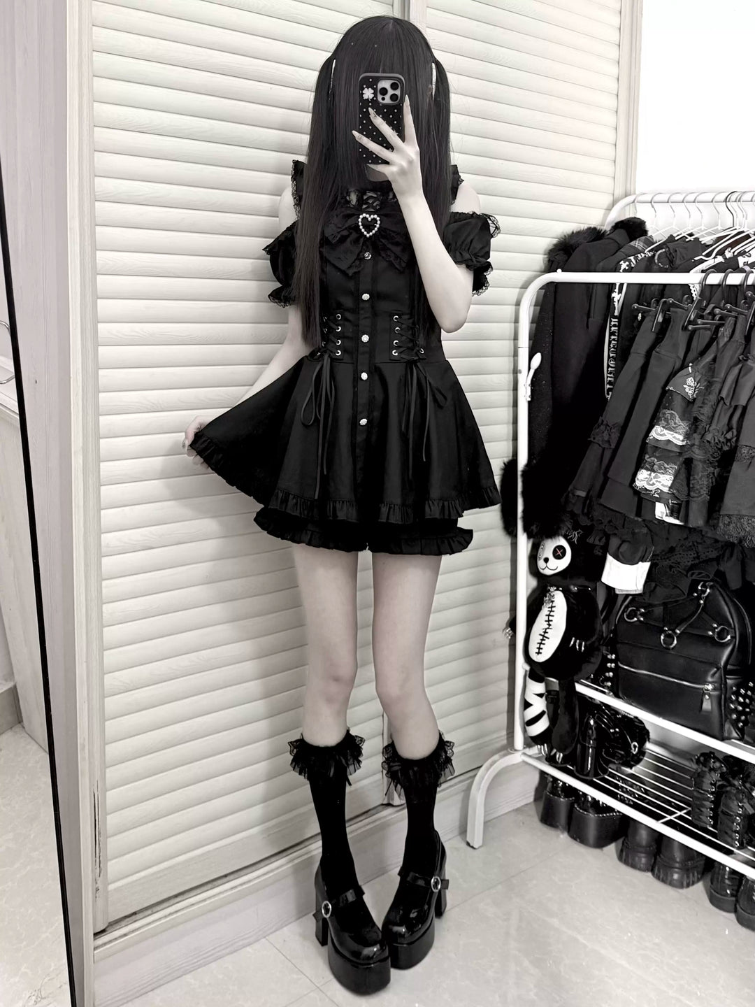 Jirai Kei Pure & Striped Black Dress, Open Shoulder 44960:834882