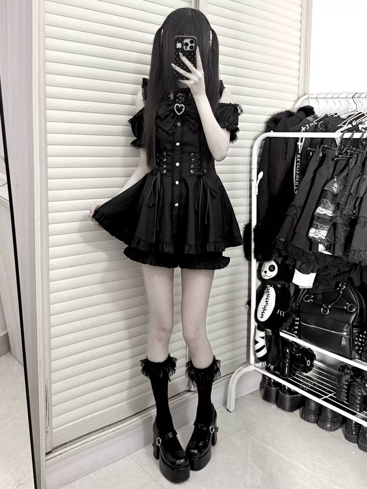 Jirai Kei Pure & Striped Black Dress, Open Shoulder 44960:834882