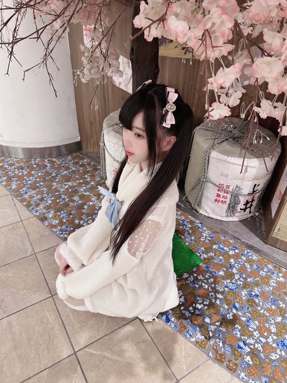 Jirai Kei White Sweater Dress Off-Shoulder Lace Dress 31844:372098
