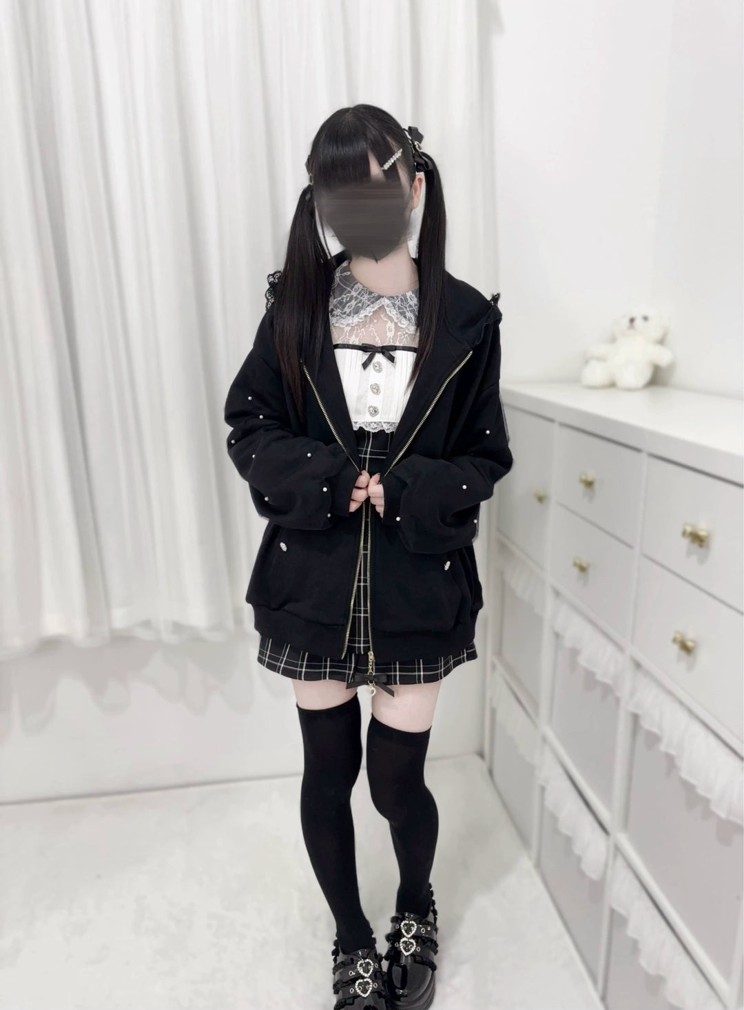 Plus Size Jirai Kei Coat Hooded Jacket With Bow And Pearl 39878:638248