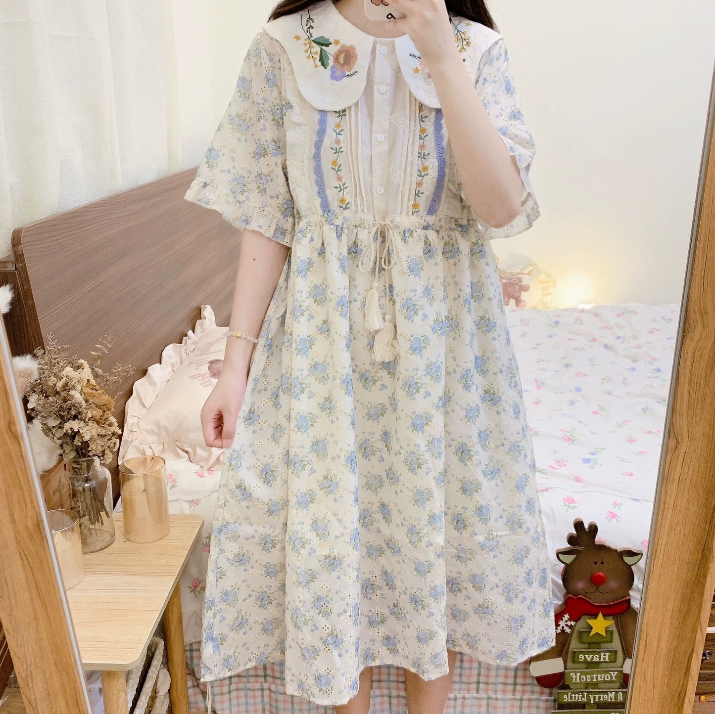 Cottagecore Dress Mori Kei Dress Blue Floral Dress 36236:526674