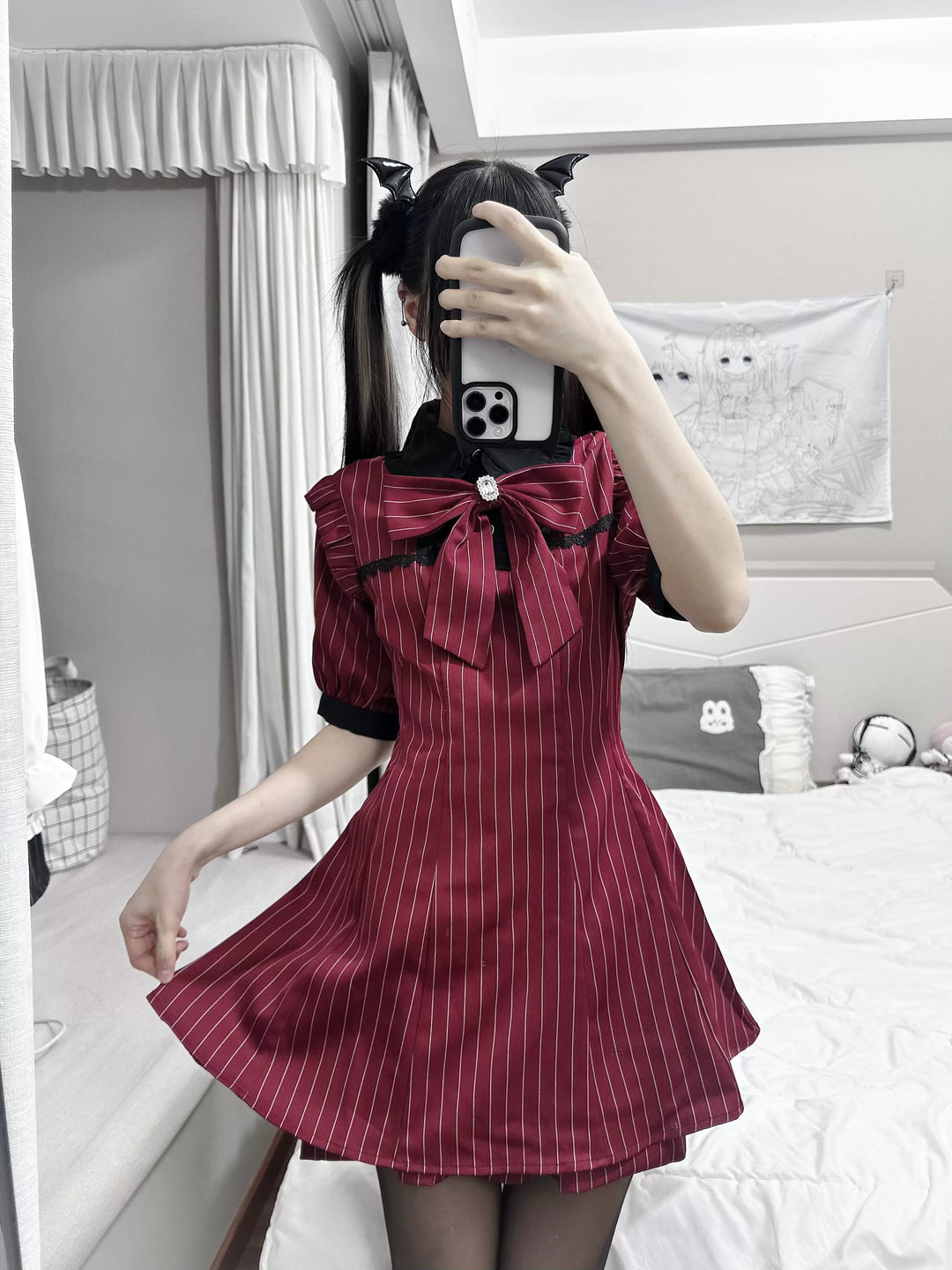 Burgundy Jirai Kei Striped Dress, Rhinestone Bow Tie (Burgundy / L M S XL) 45805:863885
