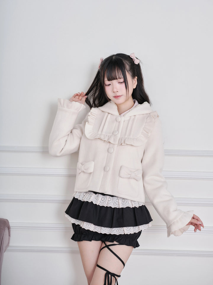 Ryousangata Hooded Solid Coat, Ruffled Neckline (M S) 45955:870322