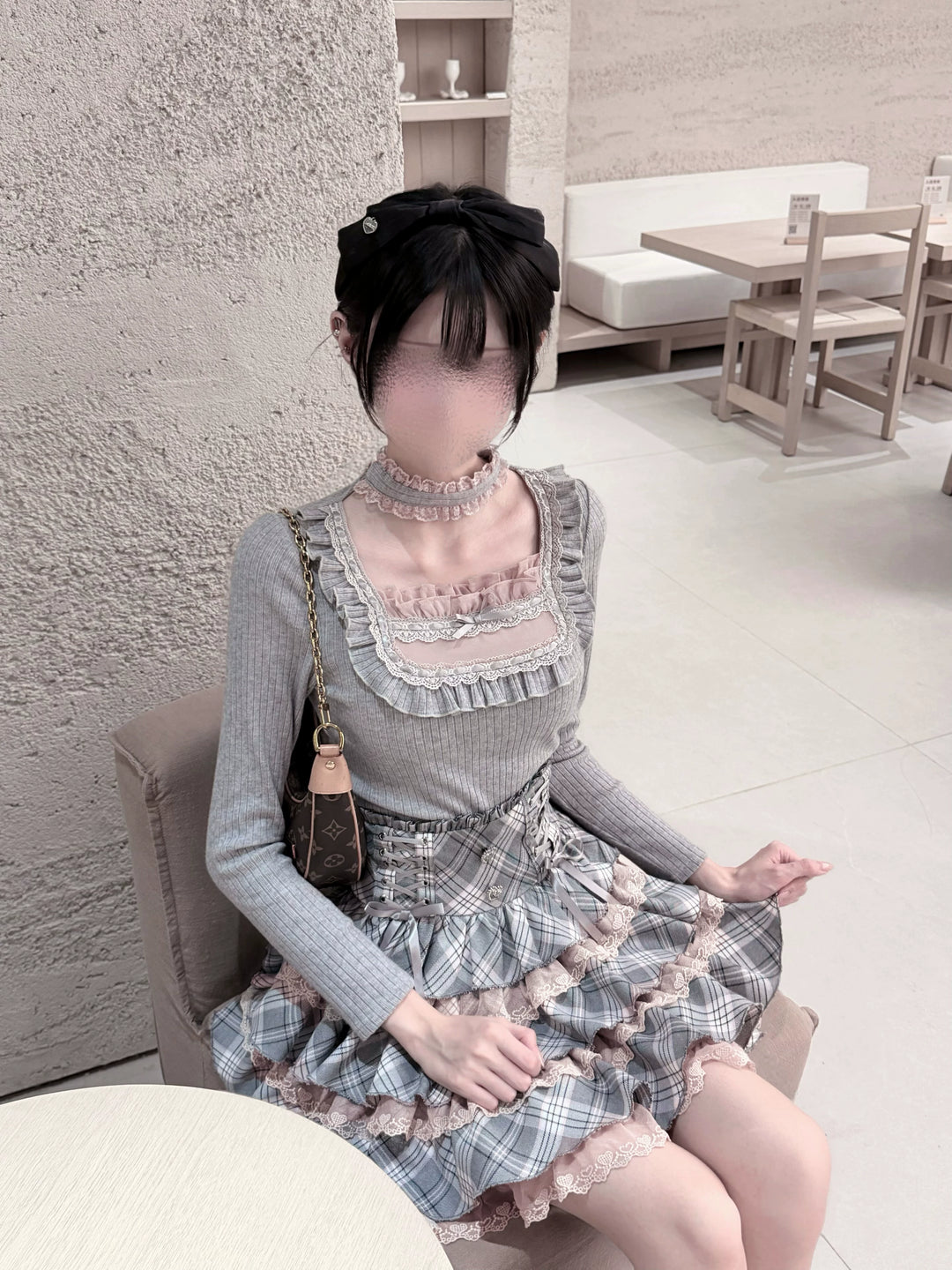 Seiso Kei Grey Pink Knit Sweater & High Waist Skirt Set 45990:871752
