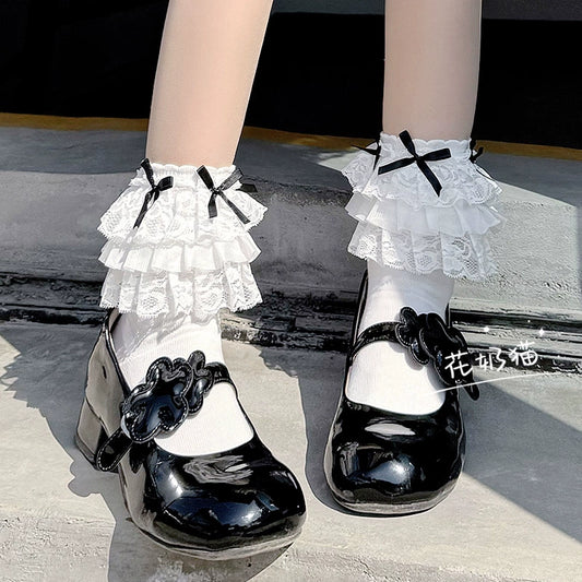 White Lolita Socks Bow And Lace Mid-Calf Cotton Socks (White) 35630:500870
