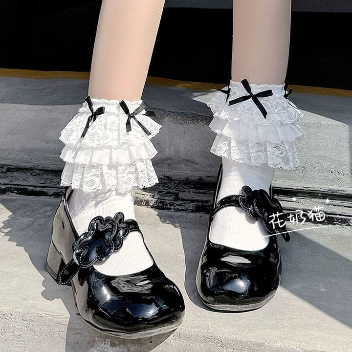 White Lolita Socks Bow And Lace Mid-Calf Cotton Socks (White) 35630:500870 (White) 35630:500870