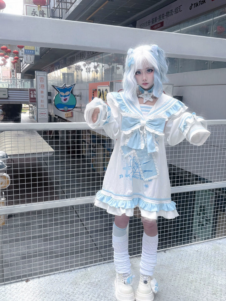 Yami Kawaii Blue White Dress with Sailor Collar & Cross Spiderweb Print 42855:758663