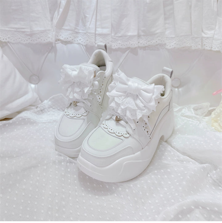 Jirai Kei Sneakers Platform Shoes With Lace Bow and Ruffle Trim (White / 34 35 36 37 38 39 40 41 42) 42161:729250