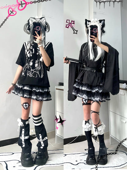 Jirai Kei Skirt Gothic Punk Skirt Black Lace Puff Skirt 36582:558574