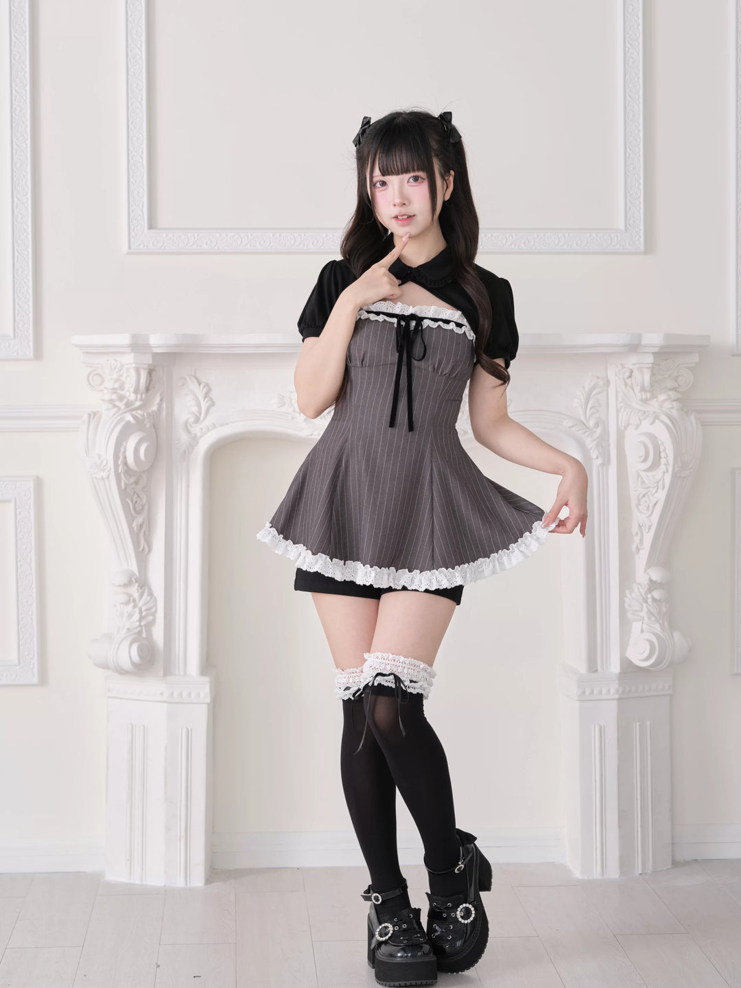 Jirai Kei Striped Dress Set, Puff Sleeve Bolero 44942:829813