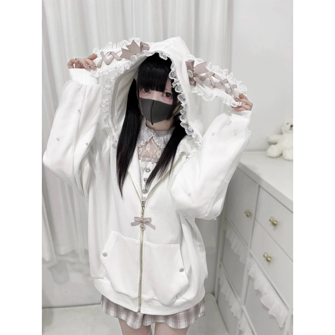 Plus Size Jirai Kei Coat Hooded Jacket With Bow And Pearl 39878:638234