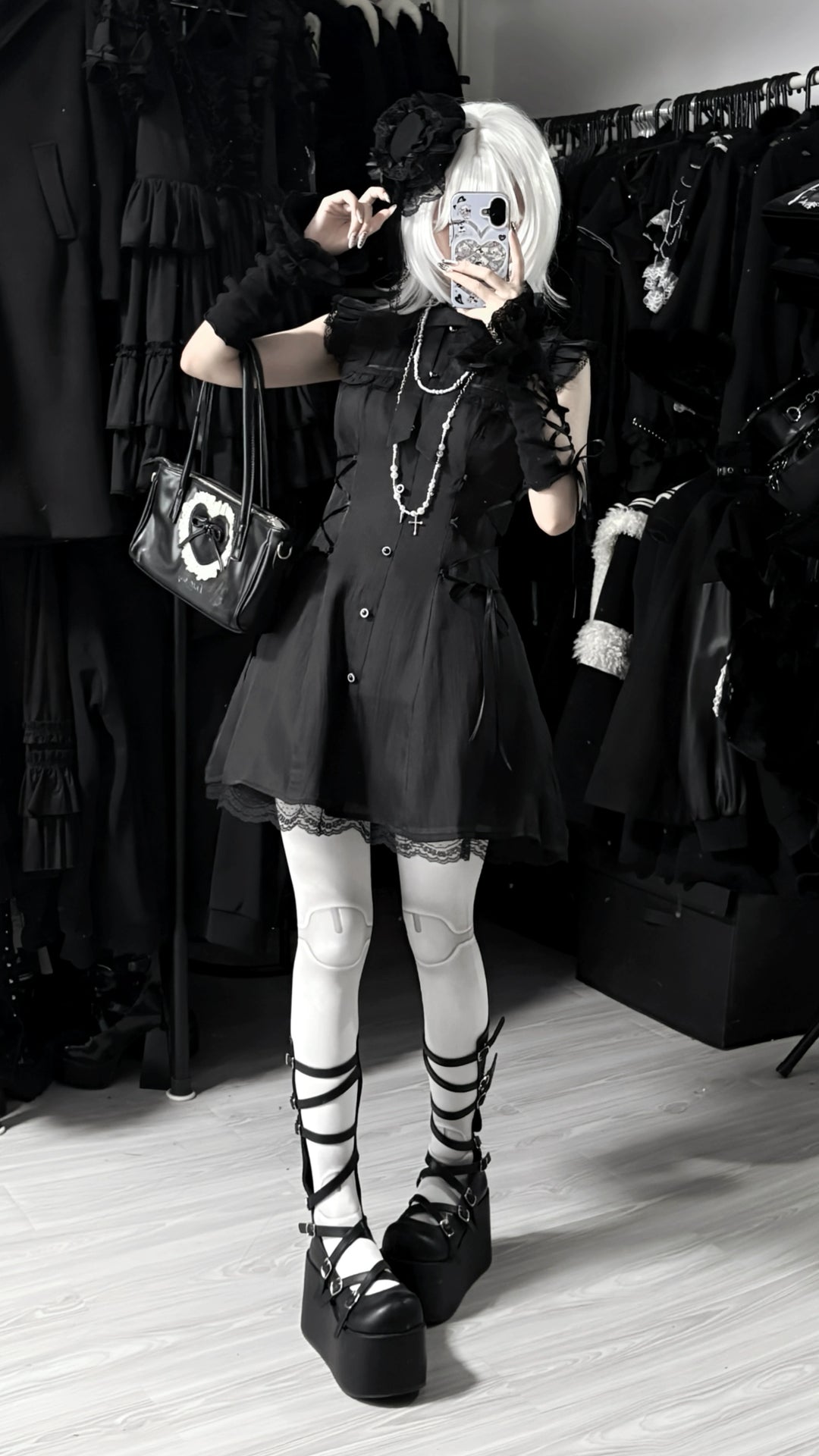 Daily Ruffle Shoulder Dress, Waist Lace-Up 44169:798686